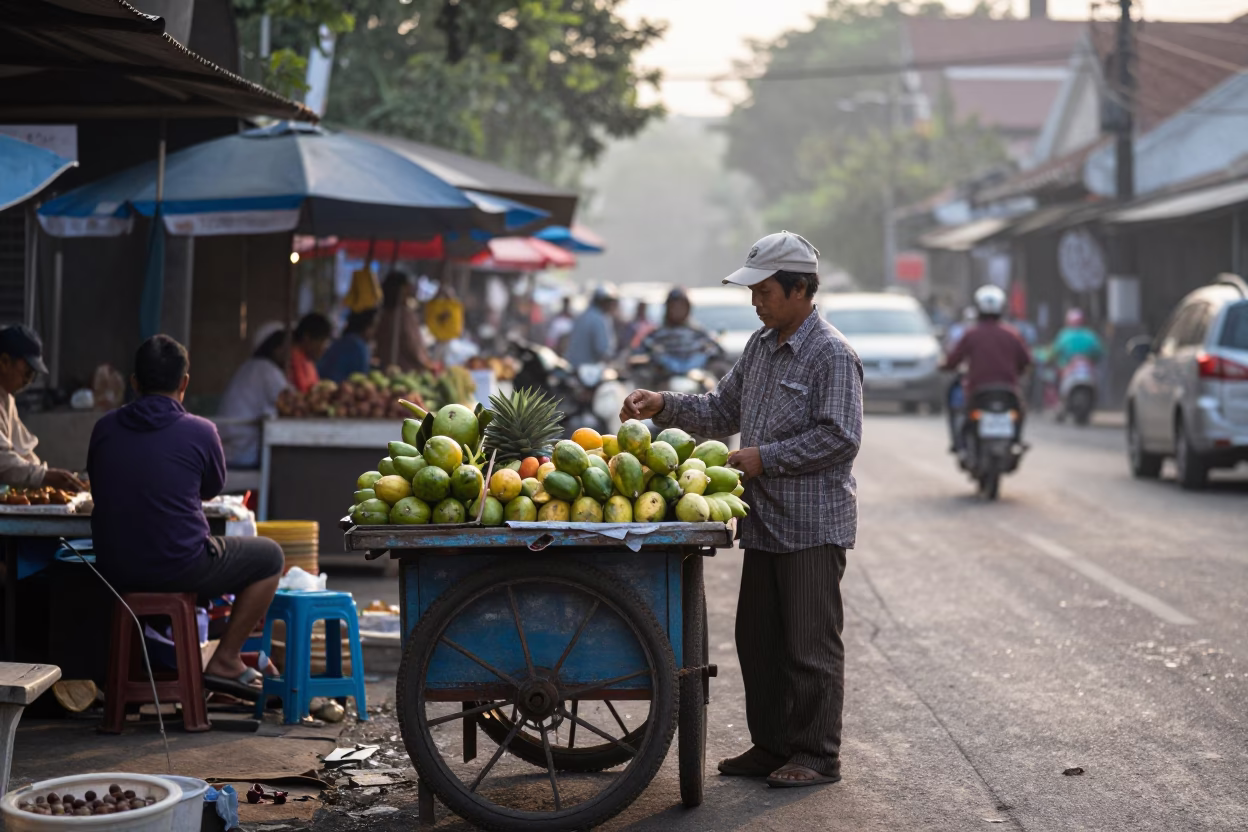 Early Morning Yogyakarta Street Scene with Local Market Vendor and Traditional Terracotta Pot in in Yogyakarta, Indonesia