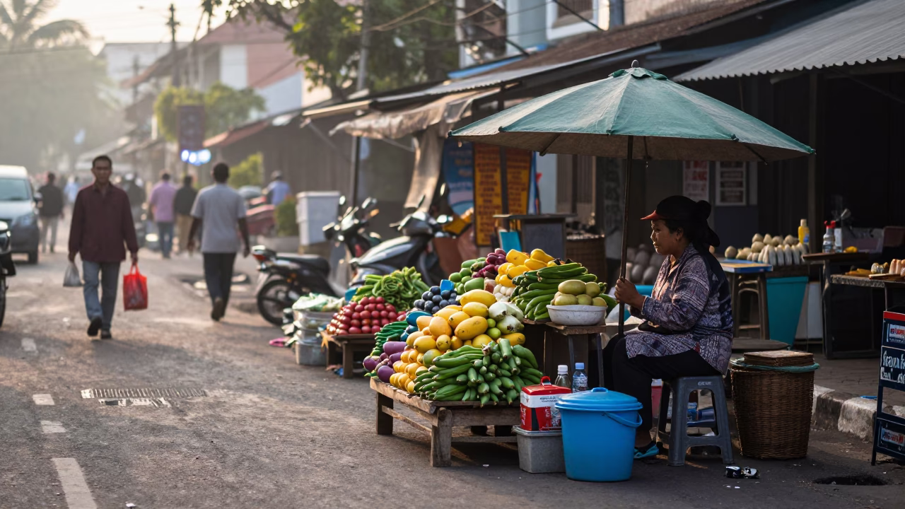 Early Morning Yogyakarta Street Scene with Local Vendor and Morning Light in in Yogyakarta, Indonesia