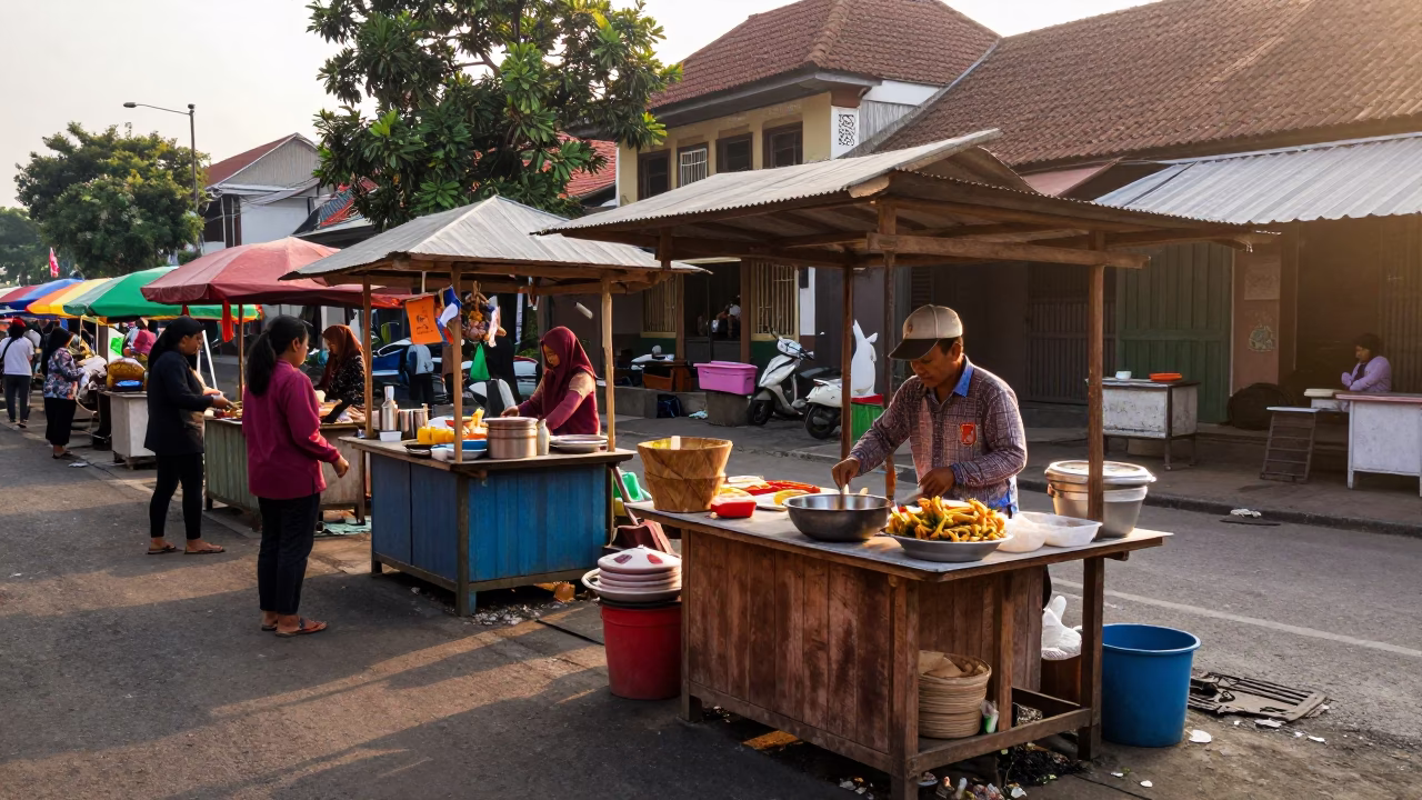 Early Morning Yogyakarta Street Scene with Local Vendor and Traditional Paper Lantern in in Yogyakarta, Indonesia