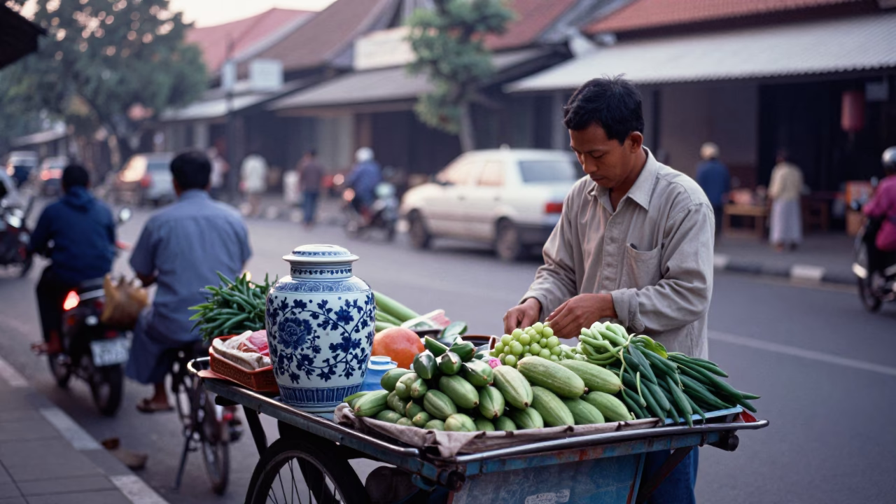 Early Morning Yogyakarta Street Scene with Local Vendor and Traditional Porcelain Jar in in Yogyakarta, Indonesia