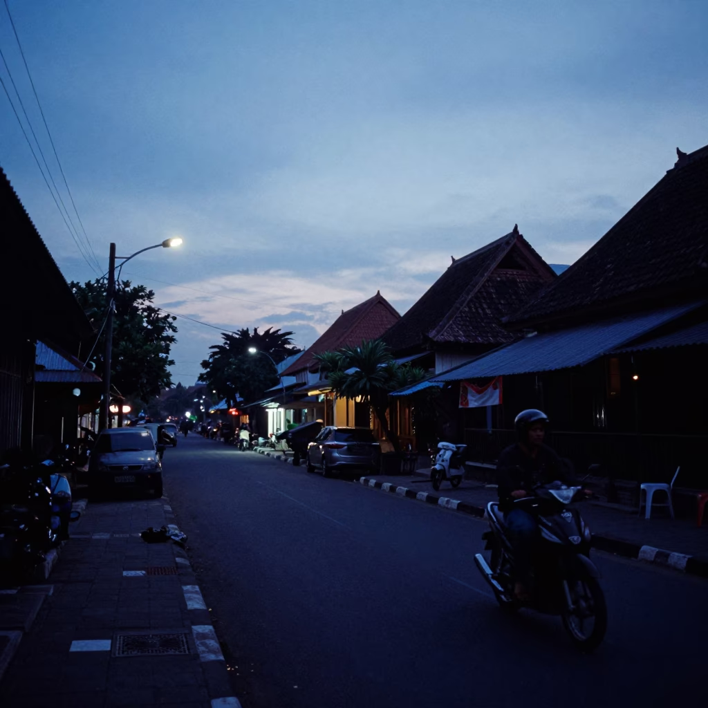 Early Morning Yogyakarta Street Scene with Motorcycle and Traditional Architecture in in Yogyakarta, Indonesia
