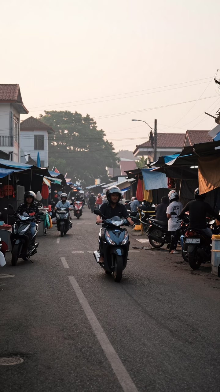Early Morning Yogyakarta Street Scene with Scooter and Local Market Activity in in Yogyakarta, Indonesia