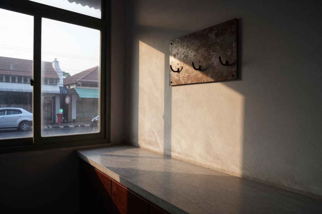 Early Morning Yogyakarta Street Scene with Window Light and Countertop Scratches in in Yogyakarta, Indonesia