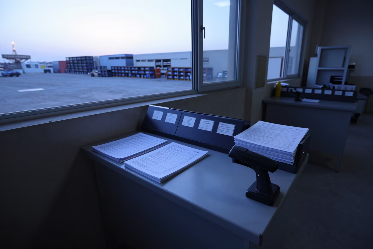 Early Spring Inventory Count Station in Douma Warehouse in inside a dispatch office above the dock in Douma