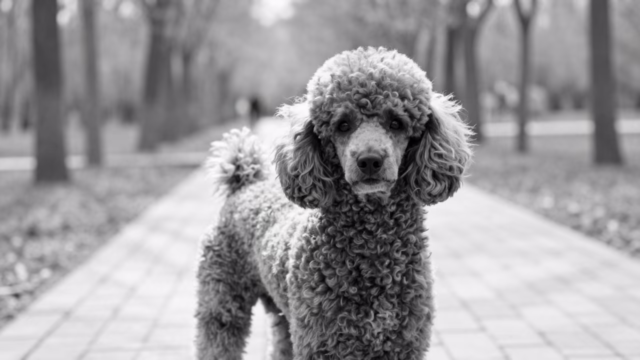 Early Spring Poodle Portrait on Harbin Park Path in along a quiet park path with soft open shade and a clean background near Harbin