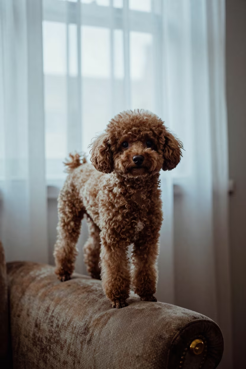 Early Spring Portrait of a Teacup Poodle on Sofa in on a sofa near a curtained window with calm indoor light in Brantford