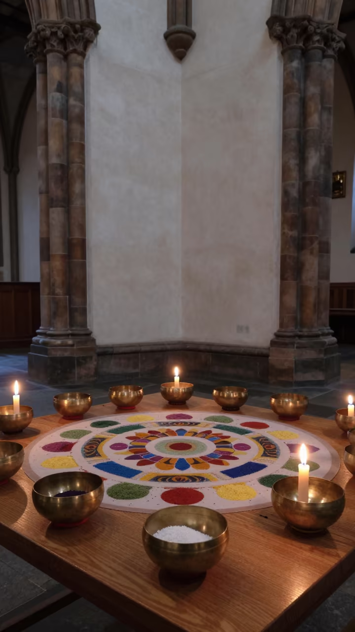 Early Spring Sand Mandala in Candlelit Abbey in inside a candlelit abbey nave in Glasgow