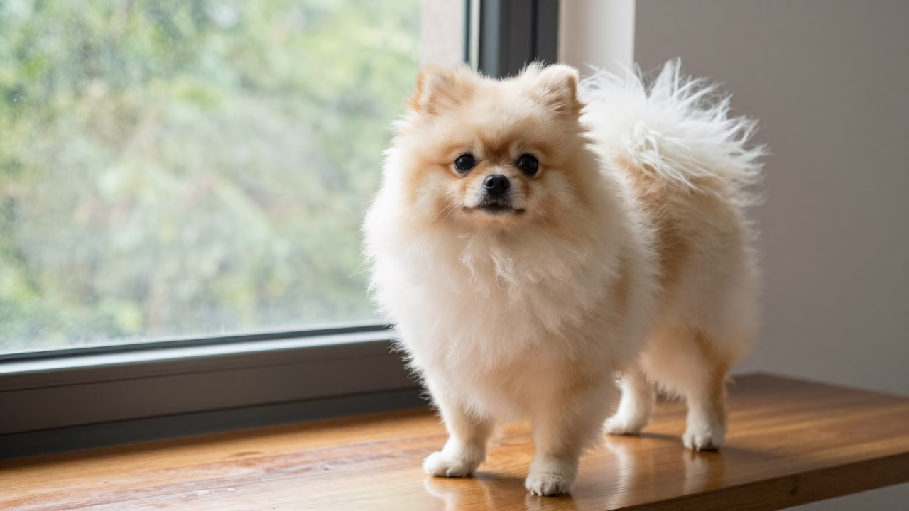 Early Summer Pomeranian Portrait in Nanchang Studio in in a quiet portrait studio with a plain backdrop and eye-level framing in Nanchang