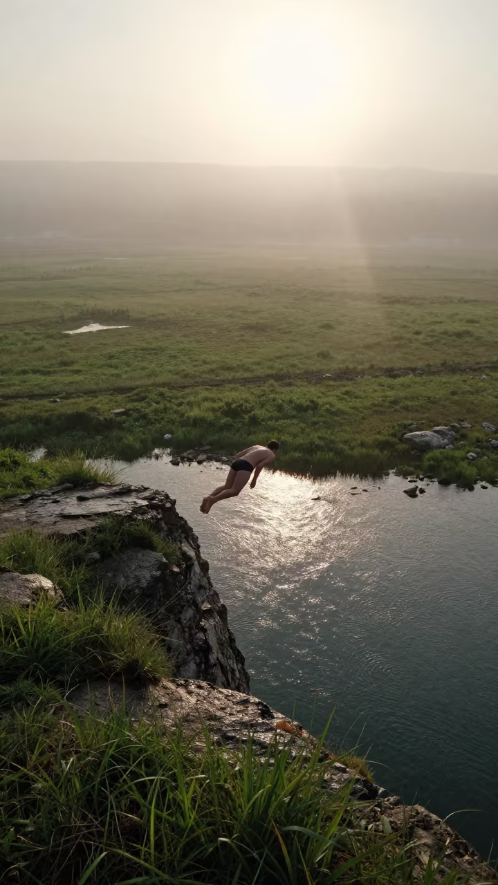 Early Sunrise Cliff Diving Floodplain Mist in across a floodplain after rain near Almaty