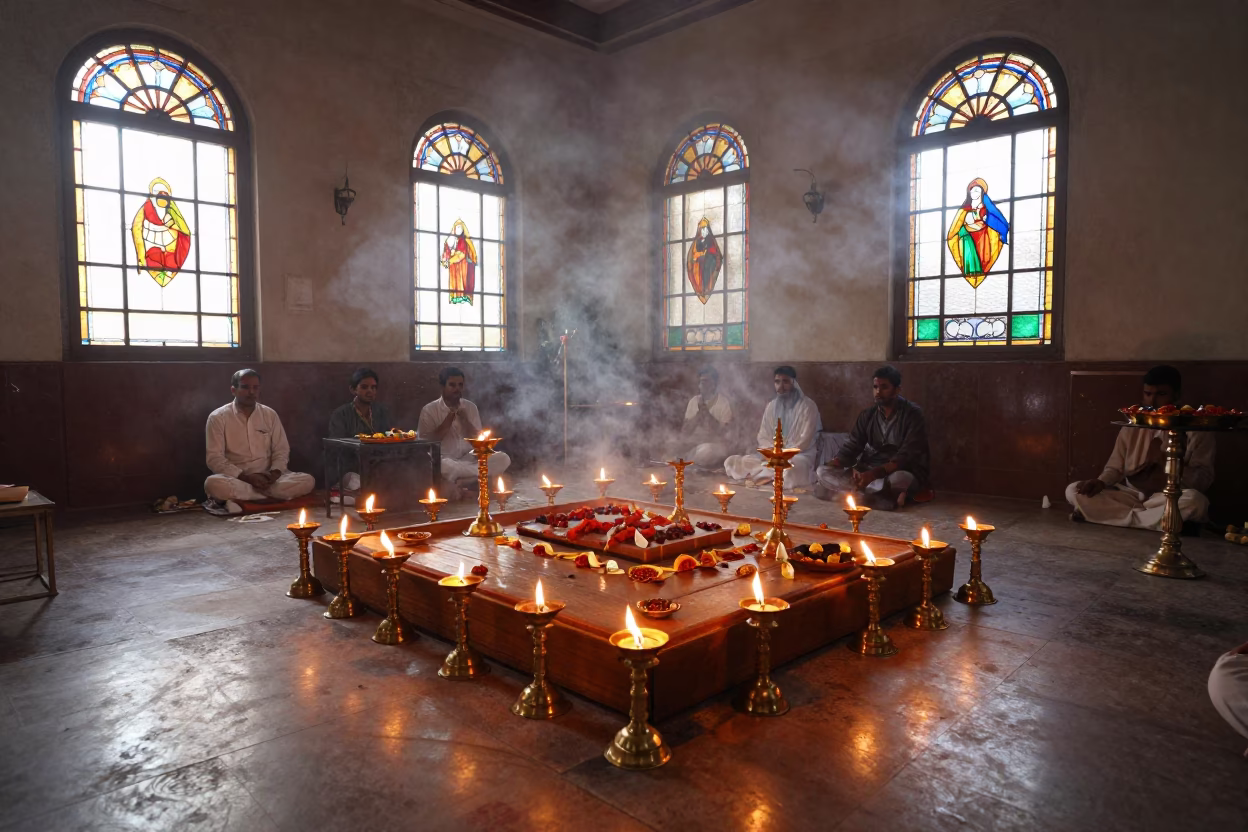 Early Winter Aarti Ceremony in Delhi Chapel in in a chapel lit by stained glass in Delhi