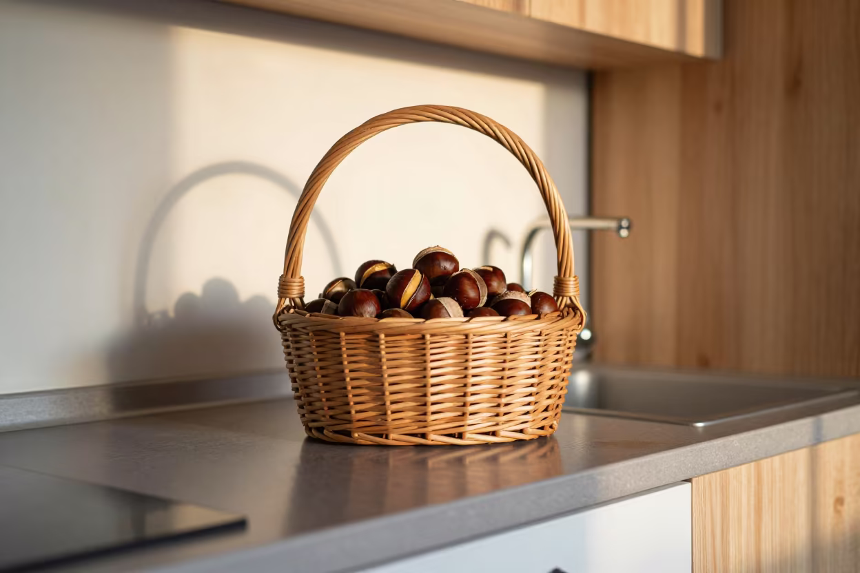 Early Winter Chestnuts in Lyon Kitchen Basket in in a cozy kitchen in Lyon