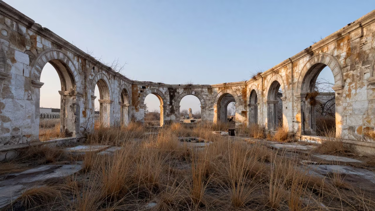 Early Winter Sunrise Over Forsaken Thermal Bath Ruins in through a courtyard reclaimed by grasses near Sulaymaniyah