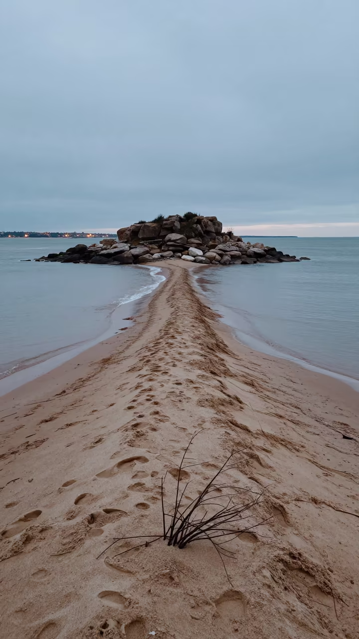 Early Winter Tombolo Connecting Island to Mainland in along a wave-cut shoreline near Lille