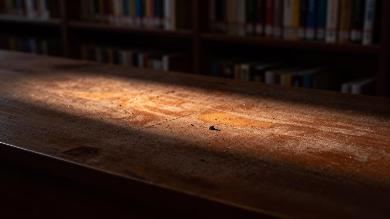 Earth Shadow Library Detail Firelight Night in on a dusty library table in Shamian Island, Guangzhou