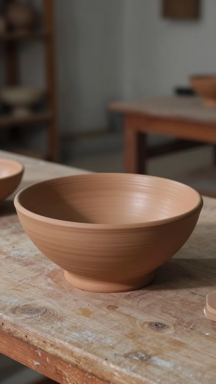 Earthenware Bowl Finger Marks Jacobabad in on a wooden workbench near Jacobabad