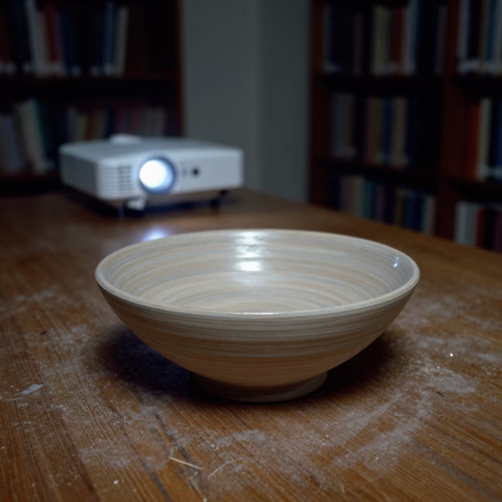 Earthenware Bowl Finger Marks Library Table in on a dusty library table in Plymouth