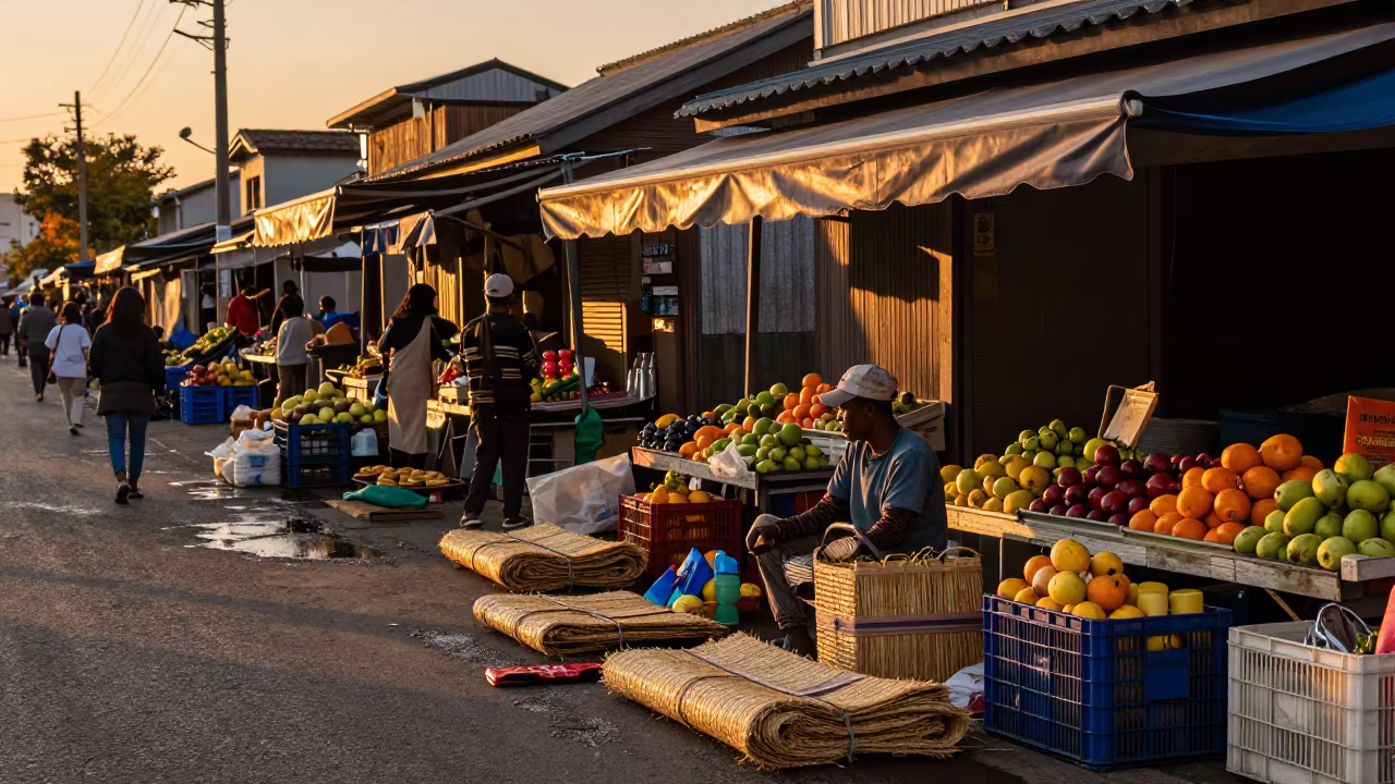 East African Reed Mats Vendor in Osaka Market in at a roadside fruit stand in Osaka