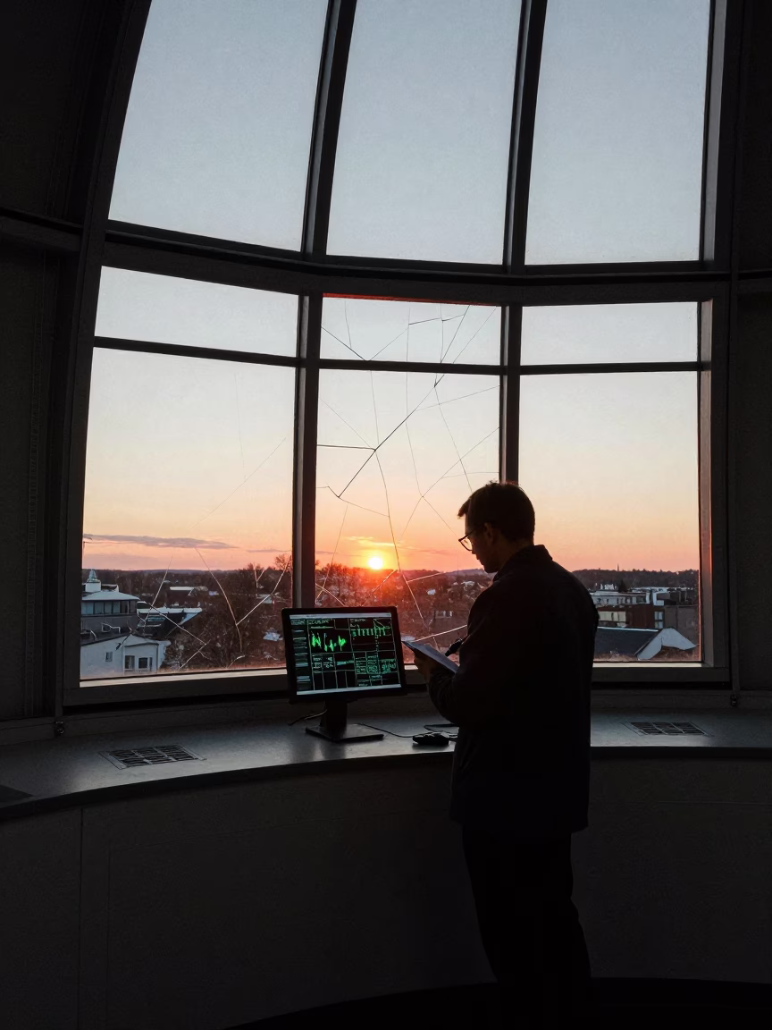 East Berlin Observatory Astronomer Examining Data at Sunset in in Berlin, Germany