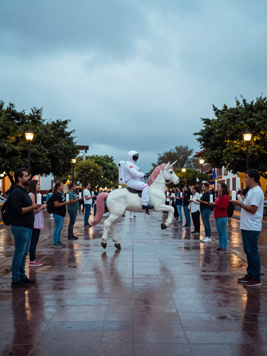 Easter Procession Candles Unicorn Astronaut Tarija in at a public square during a festival in Tarija