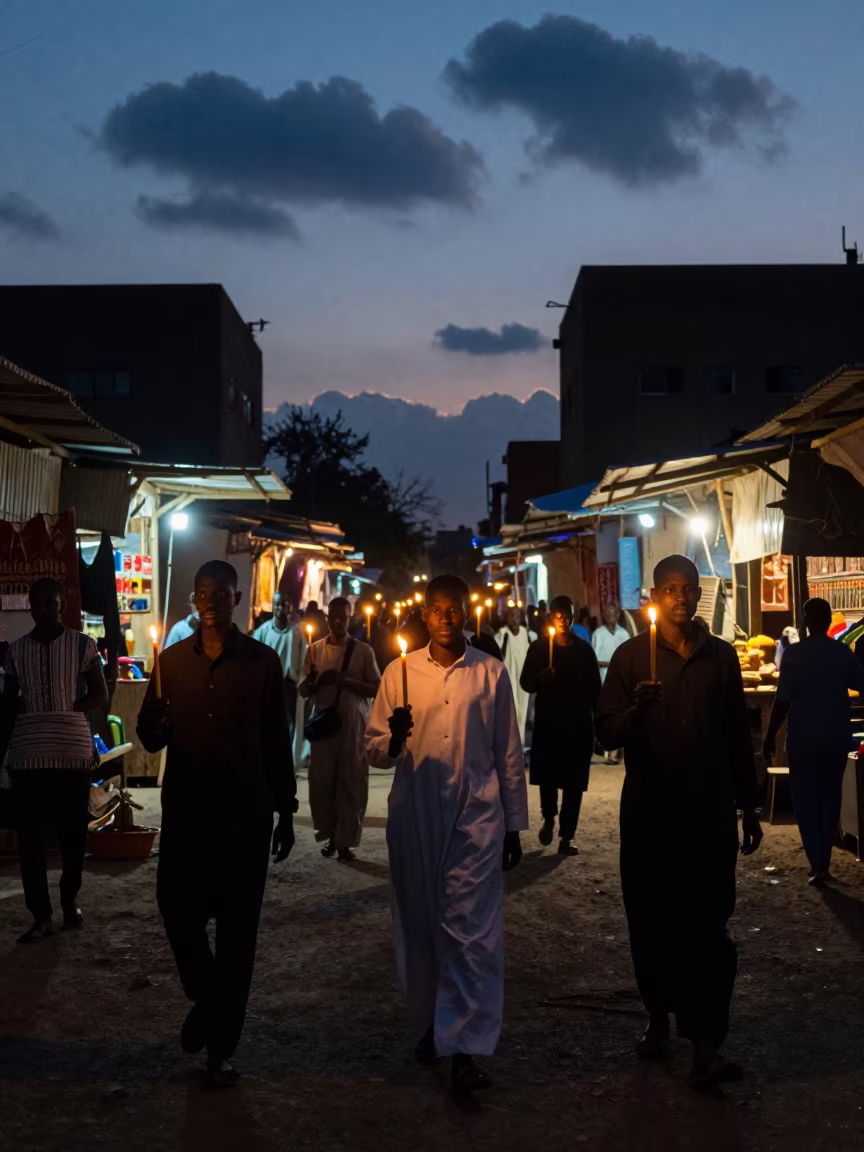 Easter Procession Silhouettes Khartoum Night Market in at a night market in Khartoum