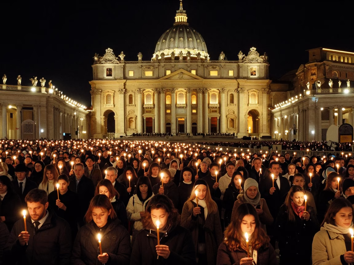 Easter Vigil Candlelight Procession at St Peter's Square Rome Italy Under Night Sky in in Rome, Italy