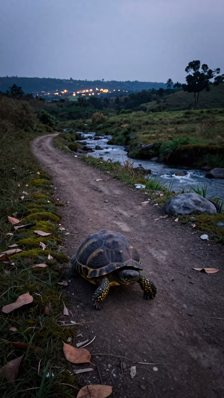 Eastern Box Turtle Crosses Trail at Twilight Rwanda in above a glacial stream in Rwanda