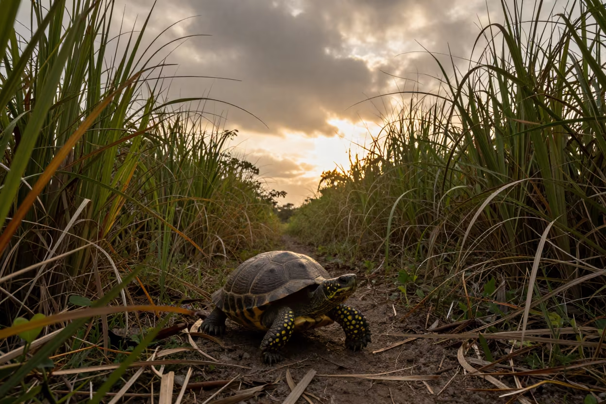 Eastern Box Turtle on Guatemala Trail at Sunset in along a game trail in Guatemala