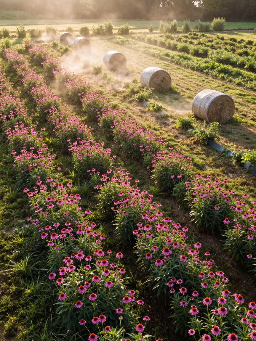 Echinacea Bloom Field at Dawn Mist in beside stacked hay bales in Connecticut