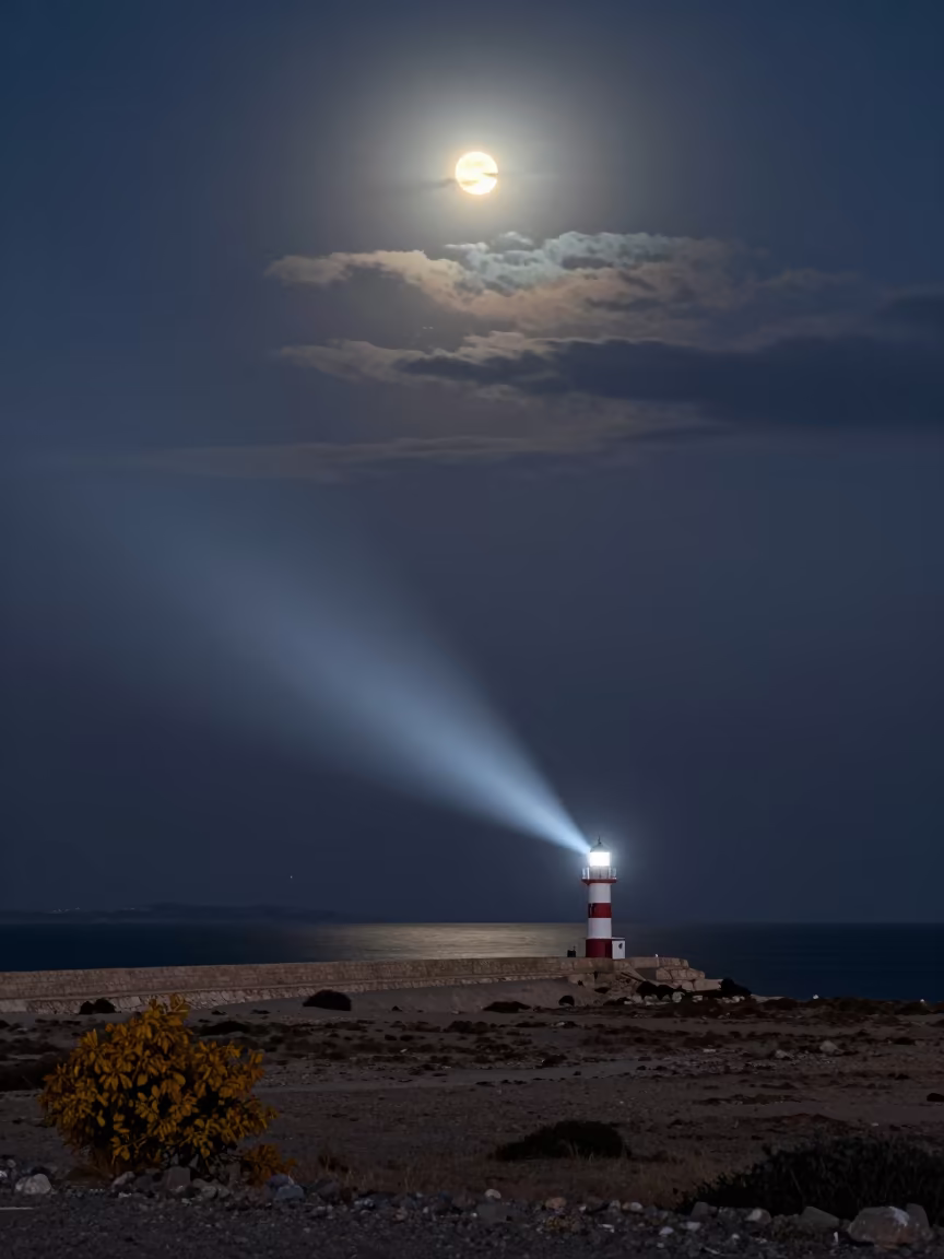 Eclipse Shadow Crosses Israel Plateau at Night in from a moonlit breakwater in Israel
