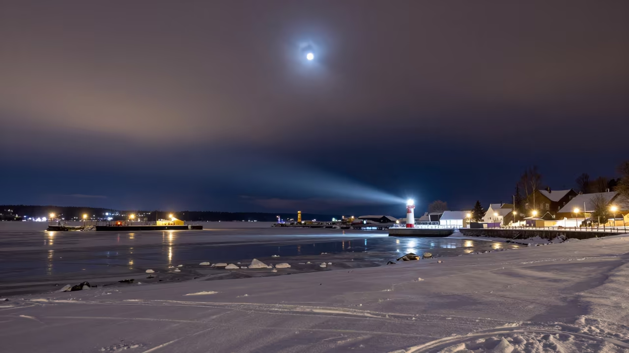 Eclipse Shadow Over Winter Harbor in beside a lantern-dotted harbor in Czech Republic