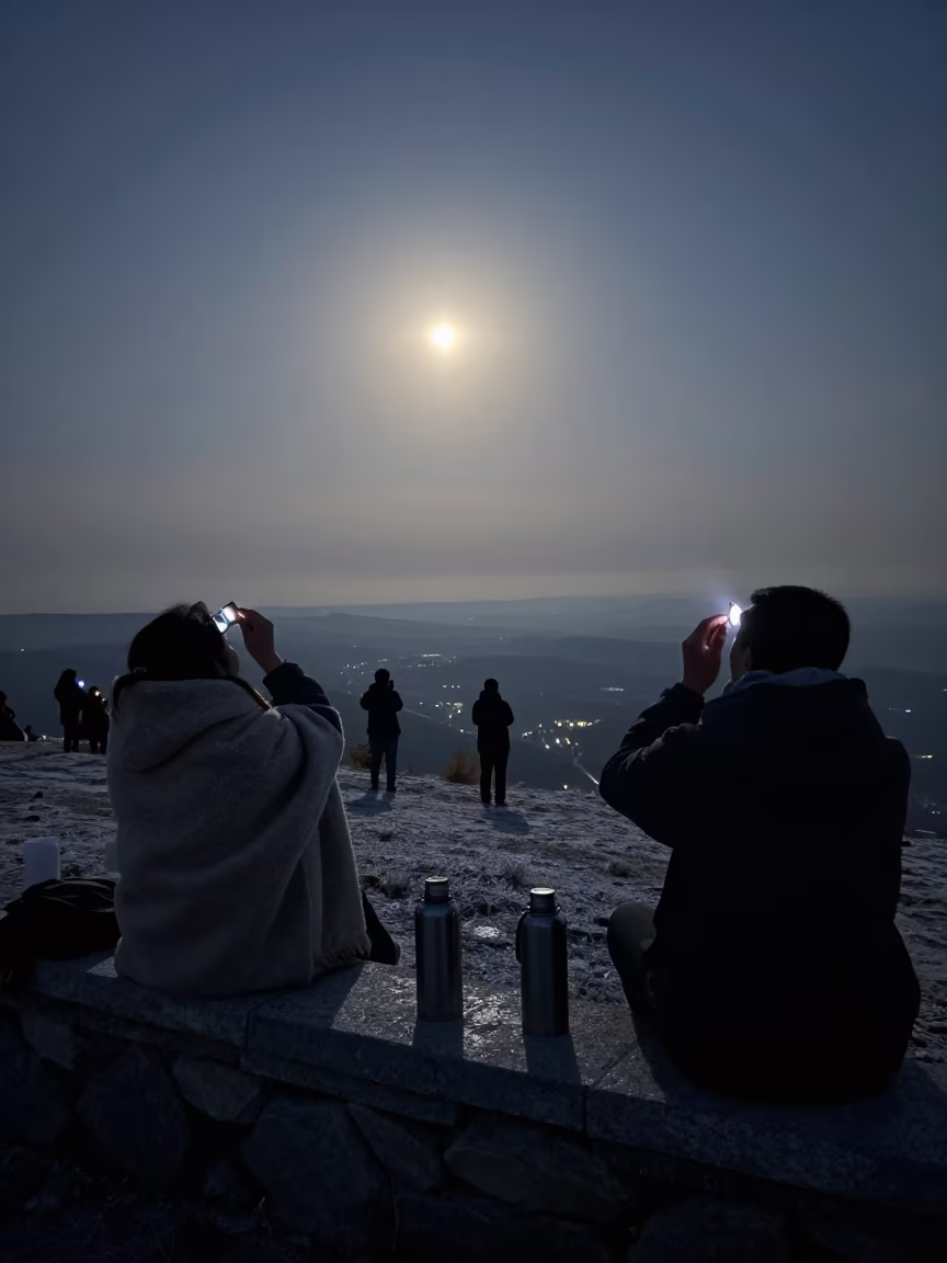 Eclipse Watchers on Namangan Rooftop in from a frost-hushed ridgeline near Namangan