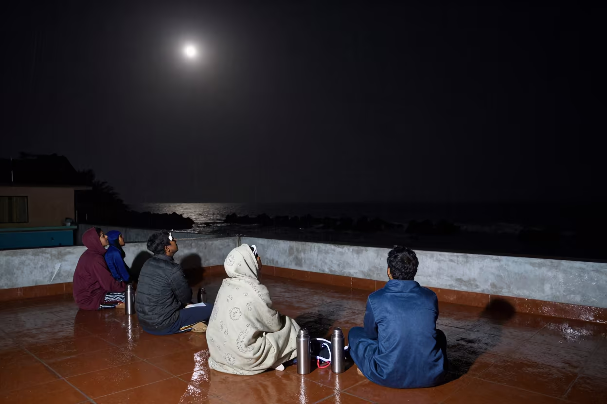 Eclipse Watchers on Rooftop at Vizianagaram Moonlit Breakwater in from a moonlit breakwater near Vizianagaram