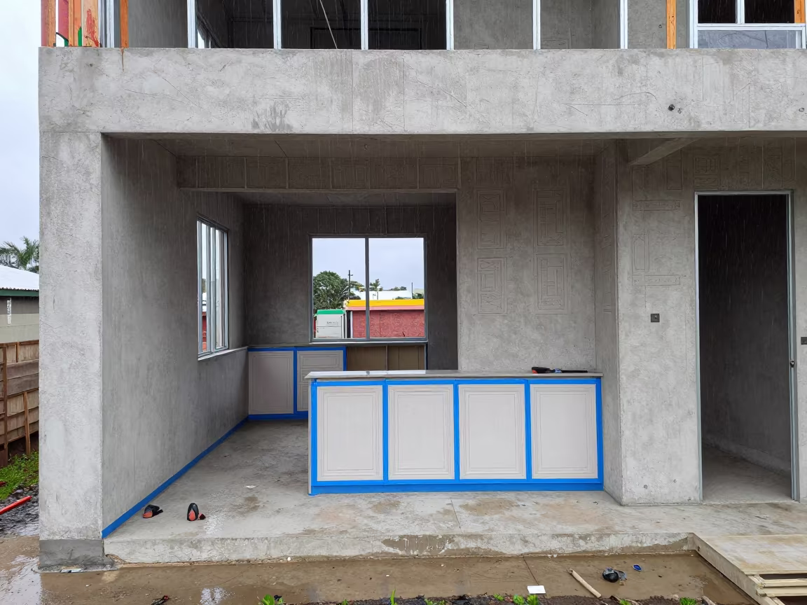 Ecuador Apartment Rough-In with Blue Tape in on an active construction deck in Ecuador