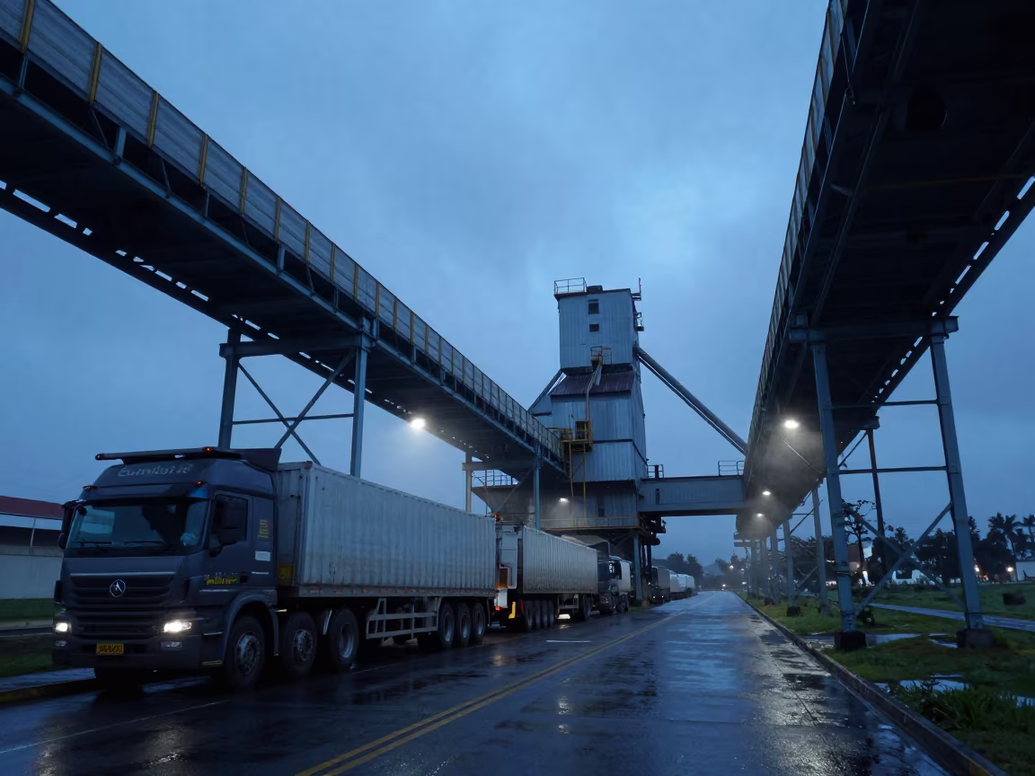 Ecuador Grain Elevator Trucks Twilight Dust in beside exposed structural steel in Ecuador
