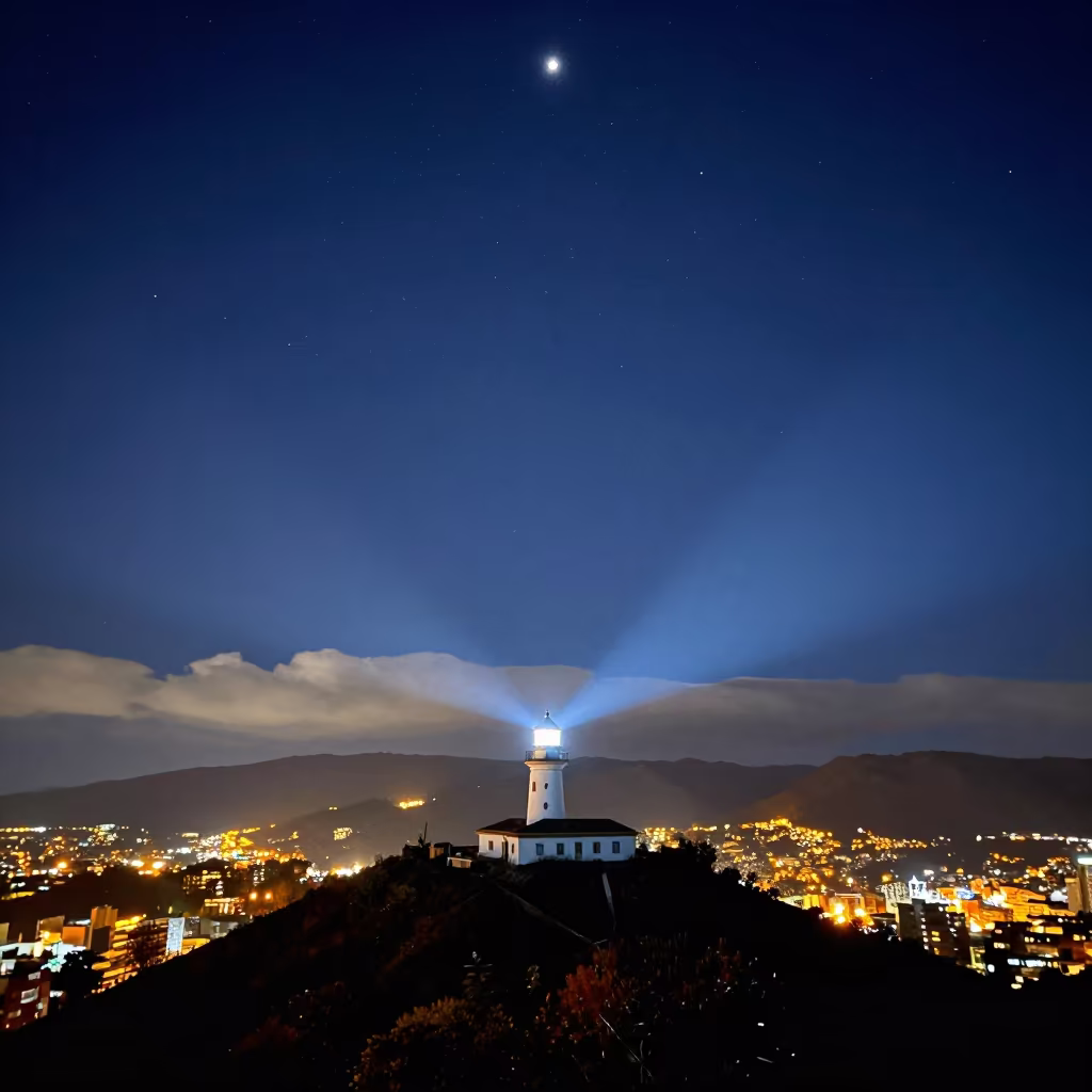 Ecuador Lighthouse Beam City Ridge Night Stars in in Ecuador