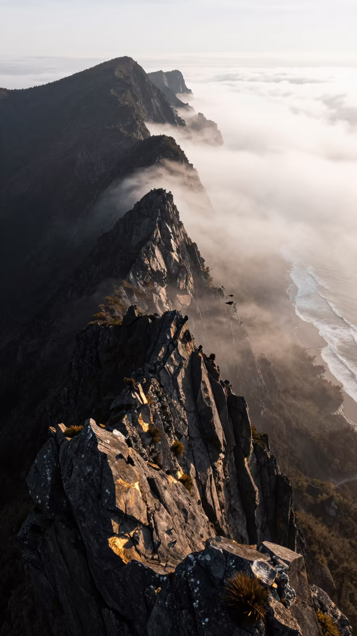 Ecuador Ridge Mist Sunrise Over Wave-Cut Shore in along a wave-cut shoreline in Ecuador