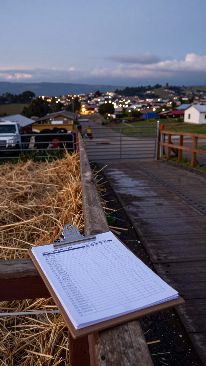 Ecuador Stockyard Clipboard Count at Twilight in at a stockyard loading ramp in Ecuador