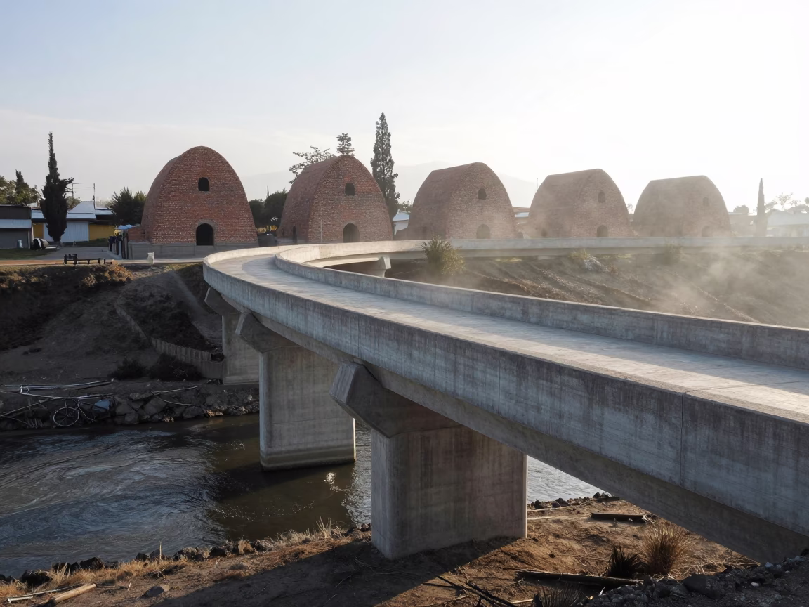 Ecuador Viaduct Dawn Over Brick Kilns and Cypress in beside a bridge pier above moving water in Ecuador