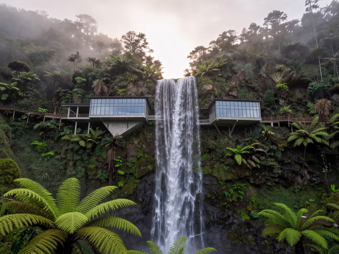 Ecuadorian Cantilever House Over Waterfall in in Ecuador