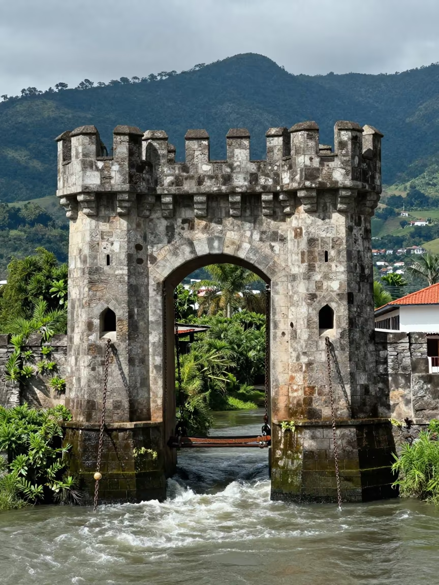 Ecuadorian Castle Gatehouse Bridge Chain in beside a bridge pier above moving water in Ecuador