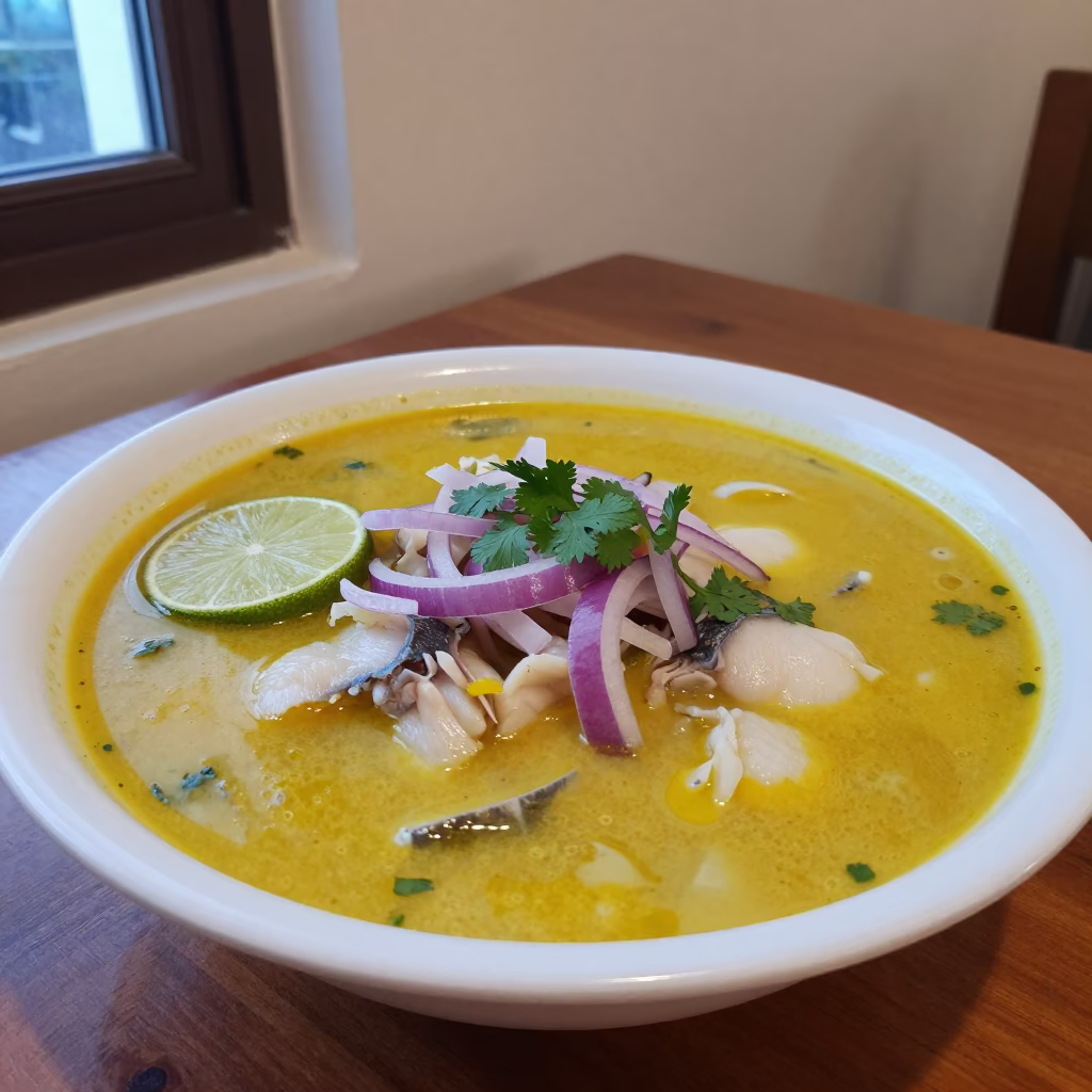 Ecuadorian Encebollado Fish Soup Bowl in on a small dining table by a window in Barquisimeto