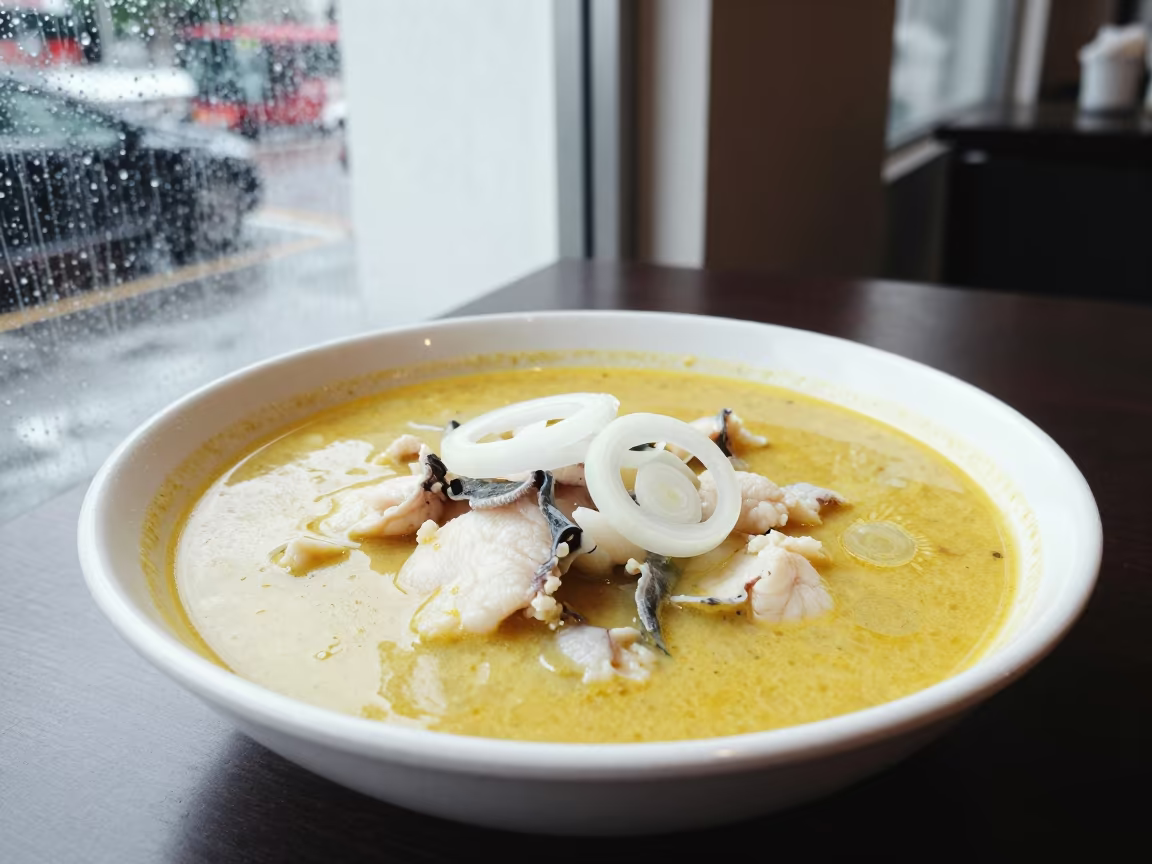 Ecuadorian Encebollado Soup Singapore Restaurant in on a restaurant table in Singapore