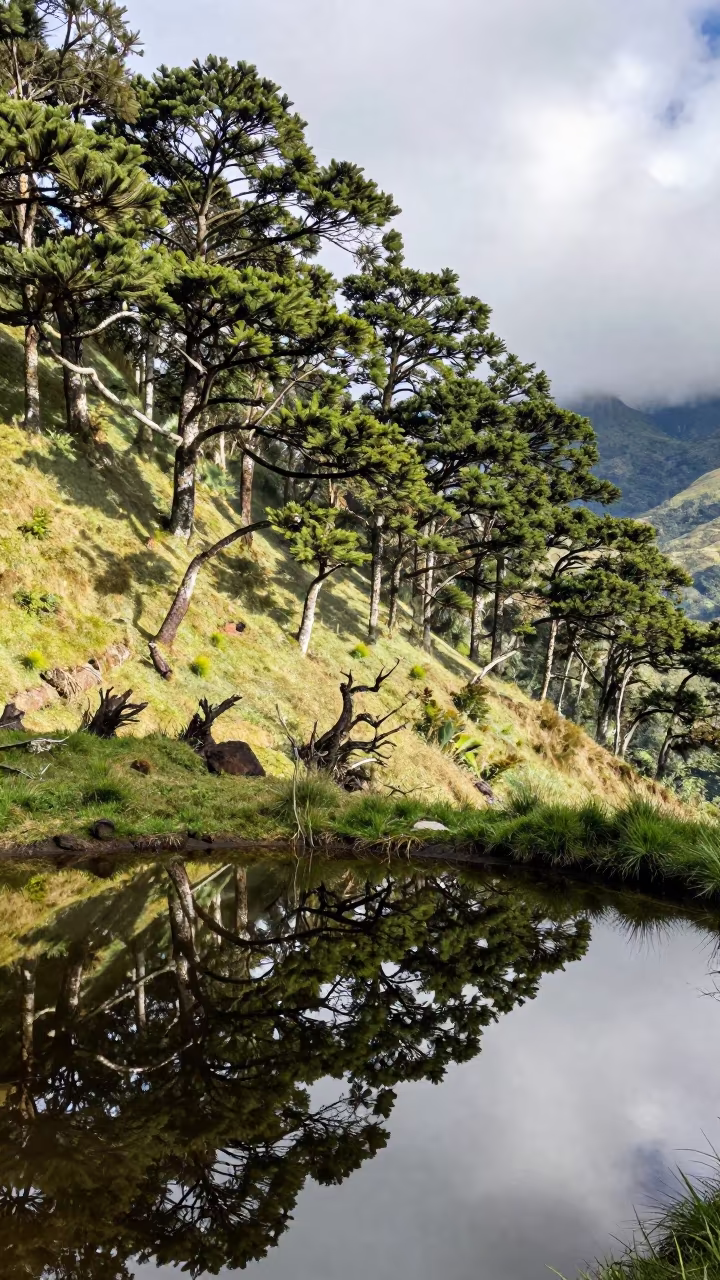 Ecuadorian Cedar Forest on Misty Slope Noon in across a wide valley floor in Ecuador