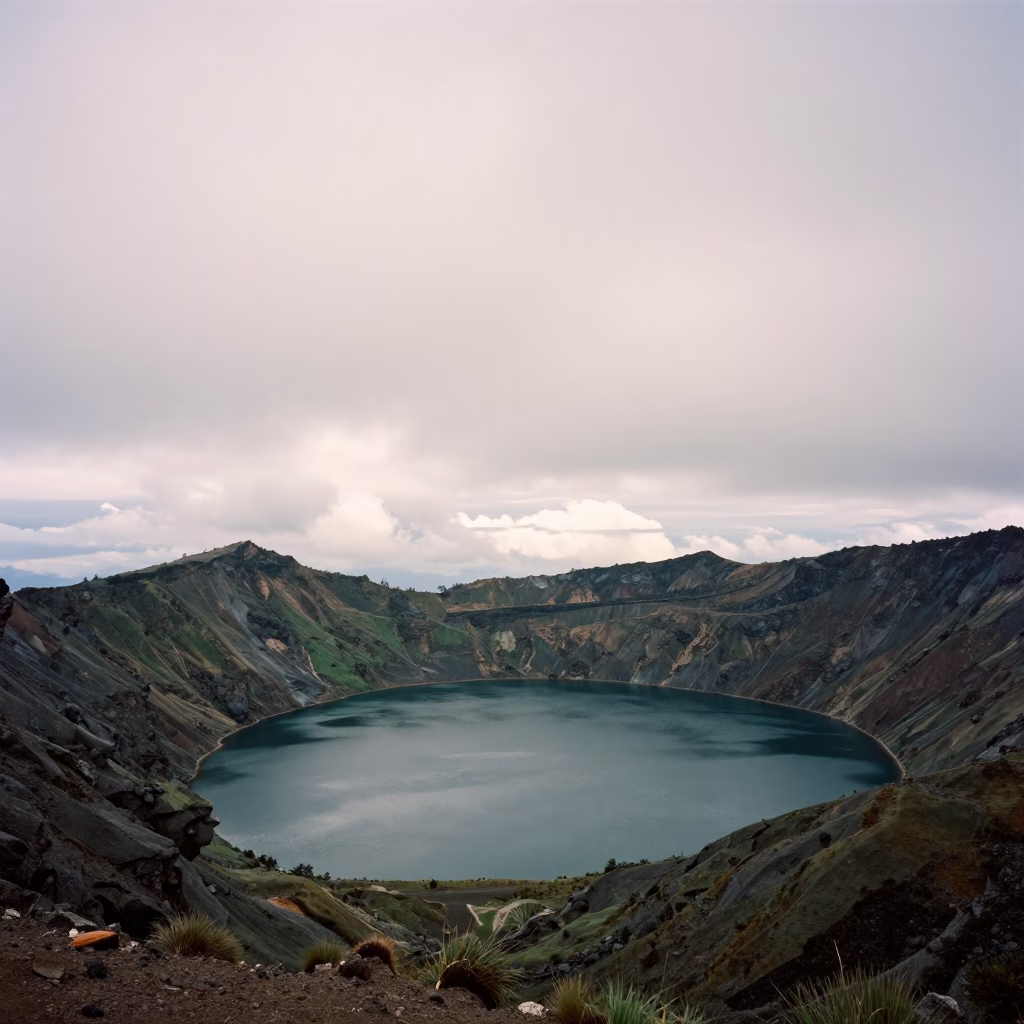 Ecuadorian Crater Lake Early Winter Ridge View in from a ridge above layered foothills in Ecuador