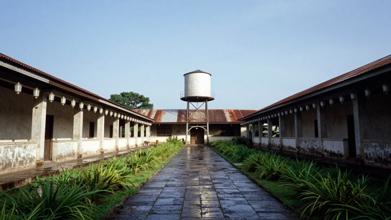 Ecuadorian Water Tower House in Temple Precinct in in a lantern-lined temple precinct in Ecuador