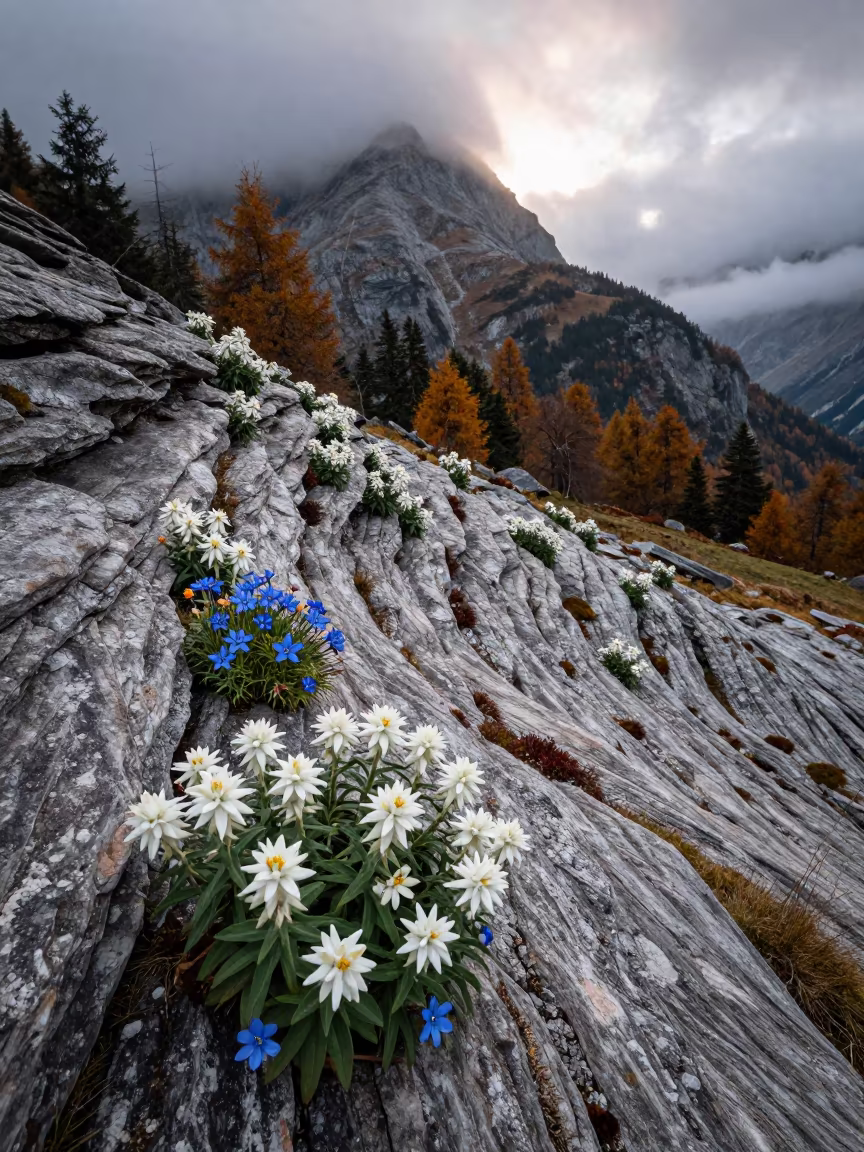 Edelweiss and Gentian in Autumn Mist Tyrol Shoreline in along a wave-cut shoreline in Tyrol