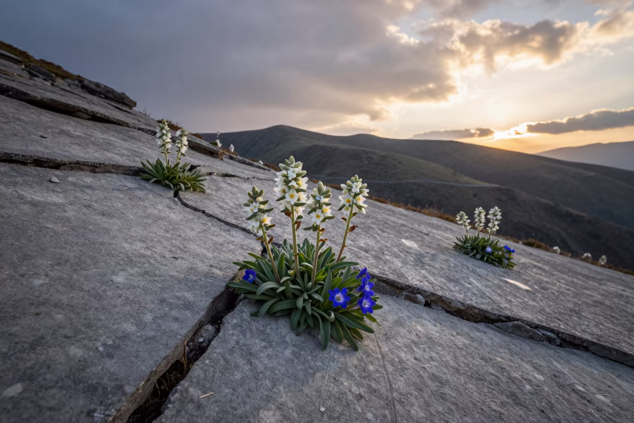 Edelweiss and Gentian Bloom From Cracked Concrete in from a ridge above layered foothills in Yunnan