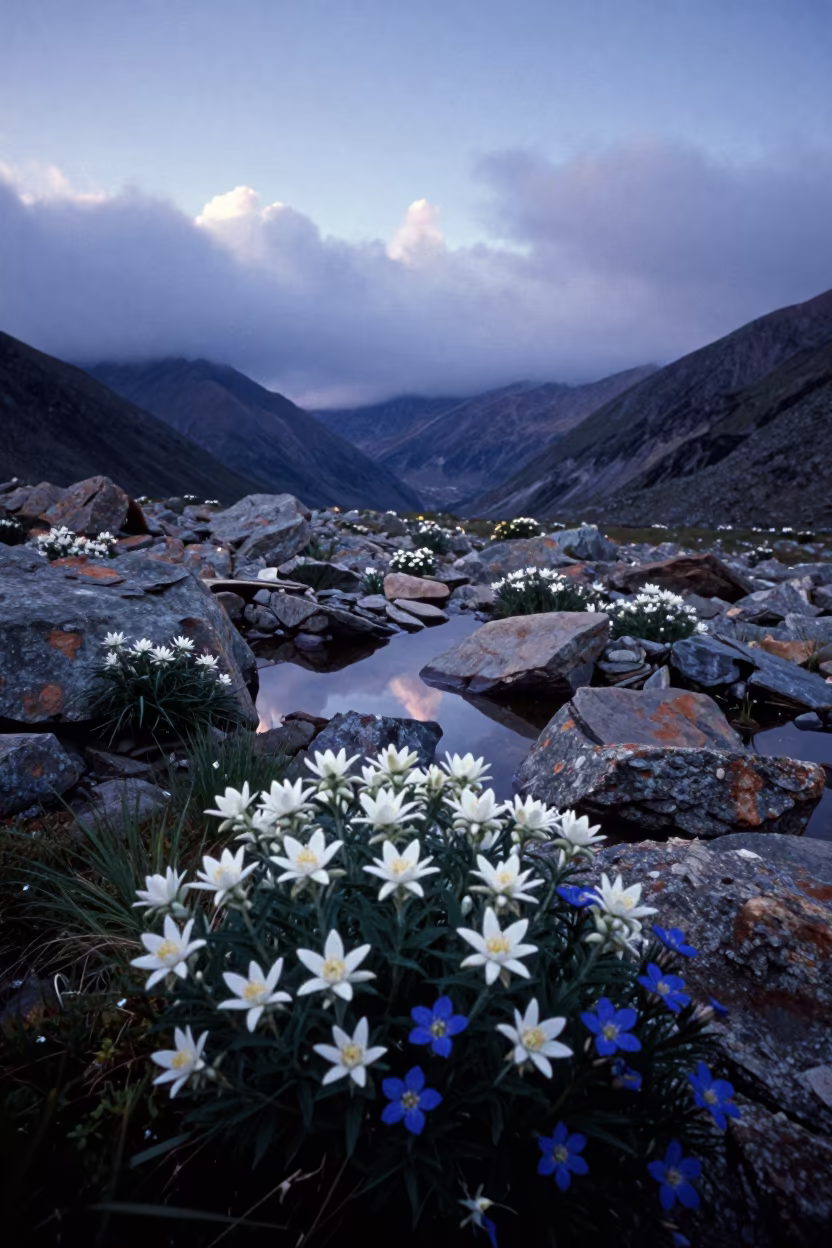 Edelweiss and Gentian in Tibetan Twilight Valley in across a wide valley floor in Tibet