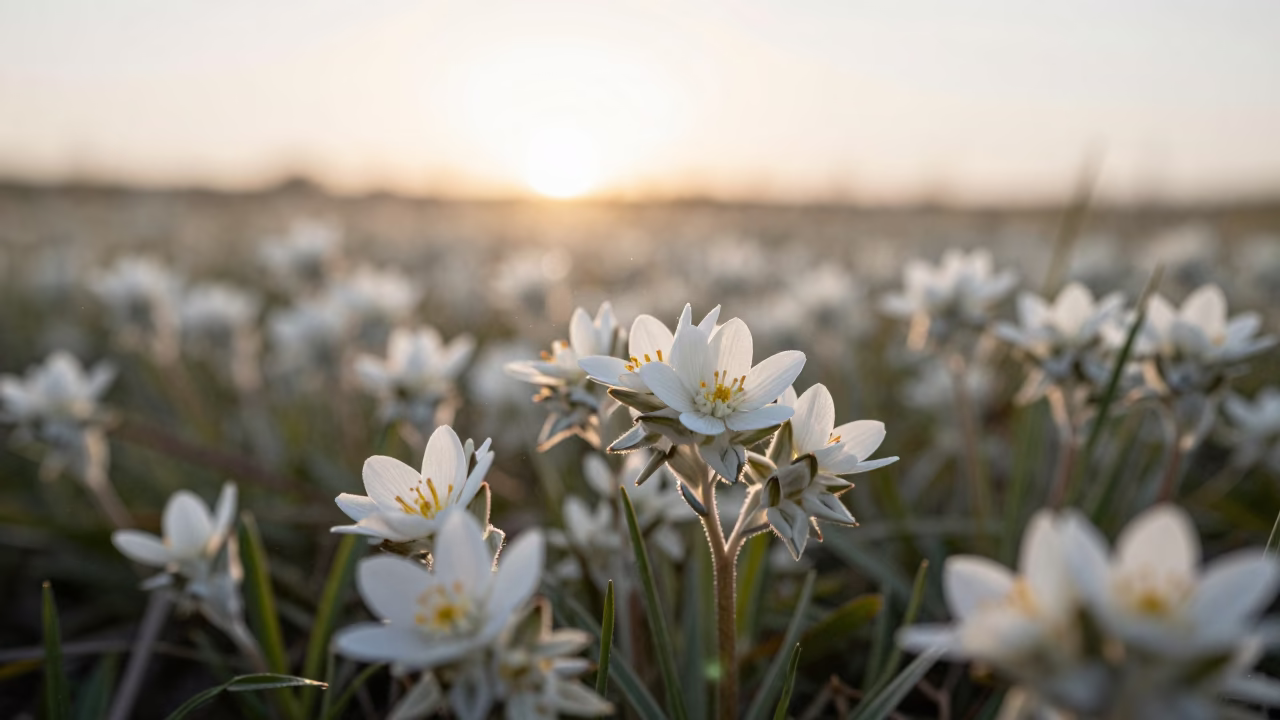 Edelweiss Meadow at Dawn in Amazon in in a bloom-heavy meadow in the Amazon