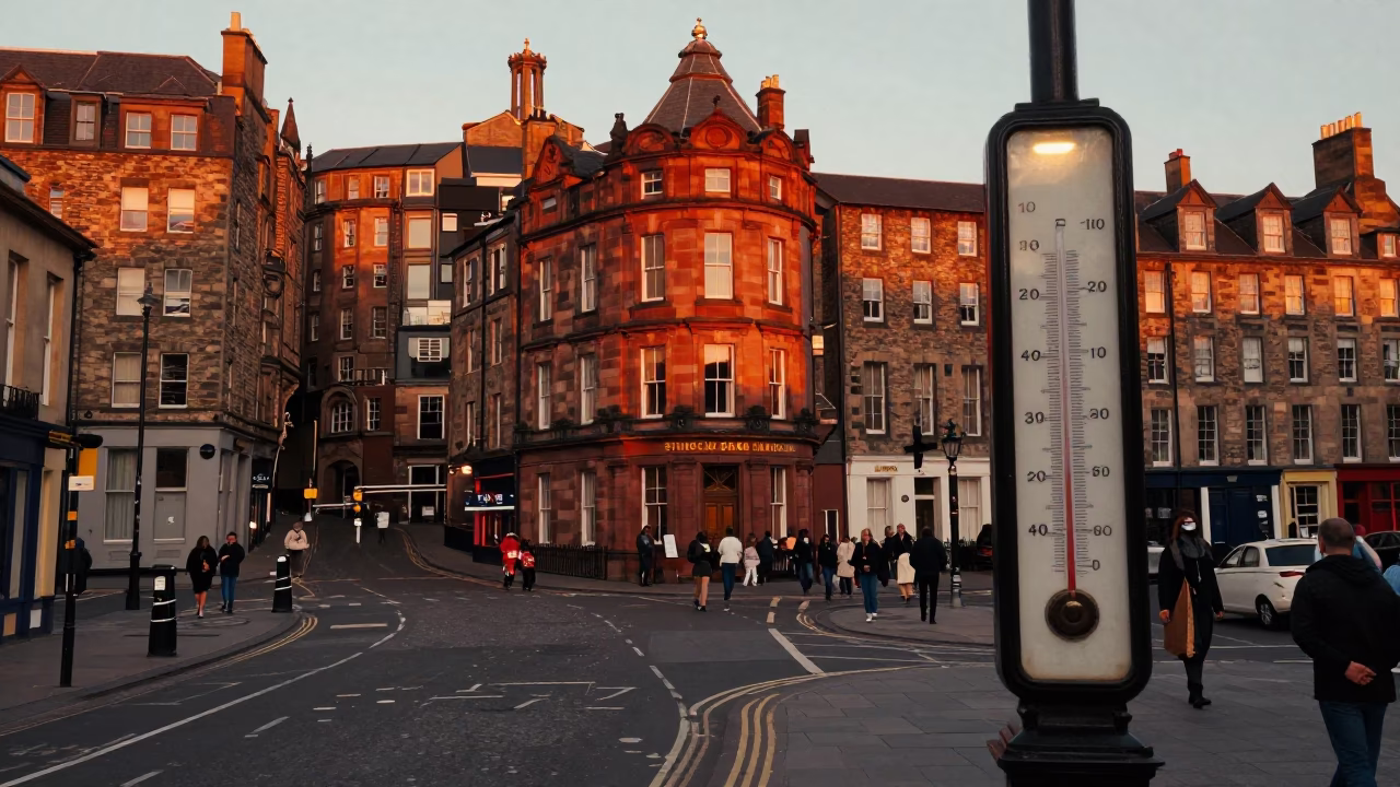 Edinburgh 1960s Evening Street Scene with Vintage Thermometer and Local Dining Elements in in Edinburgh, United Kingdom